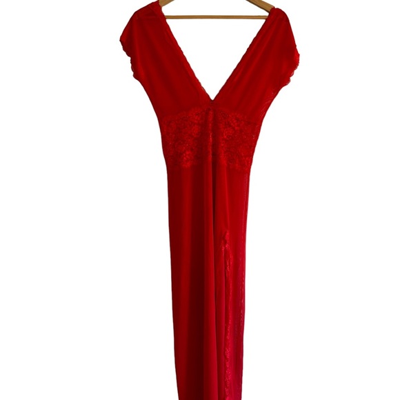Coquette Red Long Sheer Lace Detail  Women's V Neck Nightie Dress Size Small - Picture 1 of 8